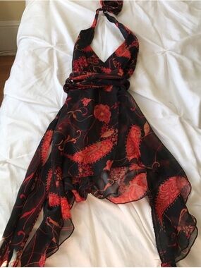 Sheer Floral Halter Top - Black with Red Floral - Size Small